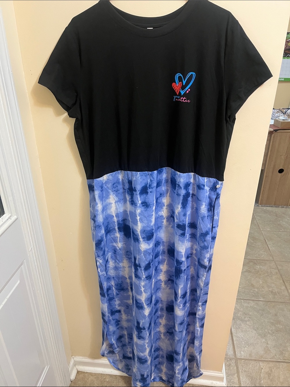 Black & Blue Tie-Dye Maxi Dress with Heart Accent